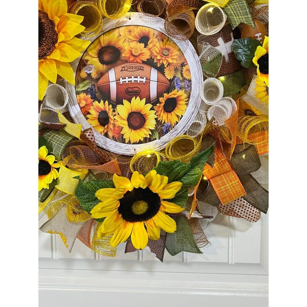 Handmade Football & Sunflower Ribbon Welcome Door Wreath Leaf 22 in LED Fall W3